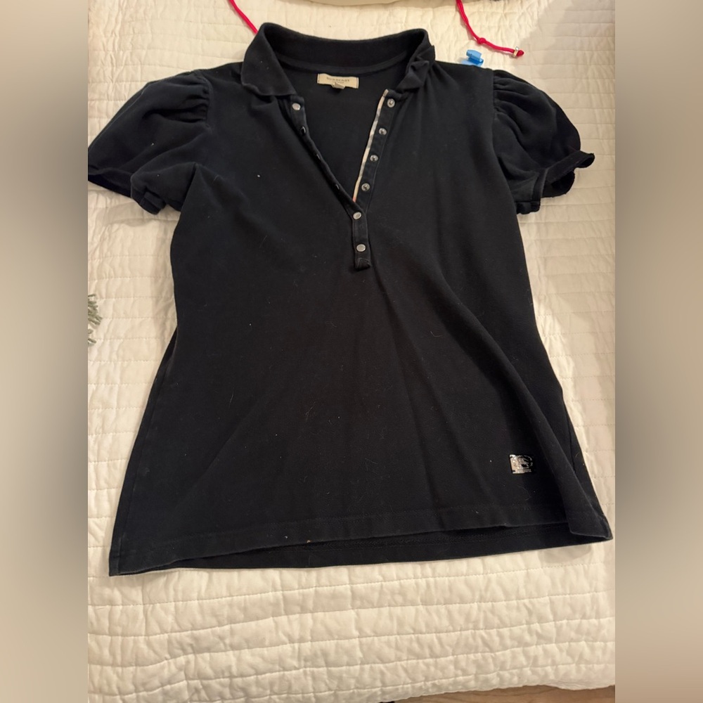 Black Burberry Polo Shirt with Puff Sleeves - Picture 2 of 4